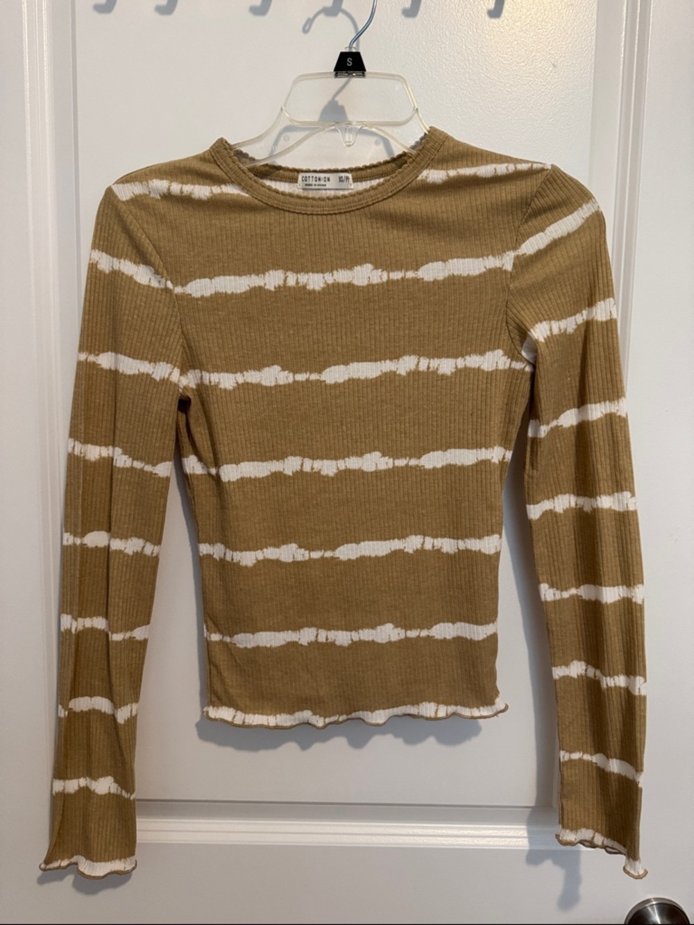Cotton On Tan & White Ribbed Tie Dye Stripe Long-Sleeve Top